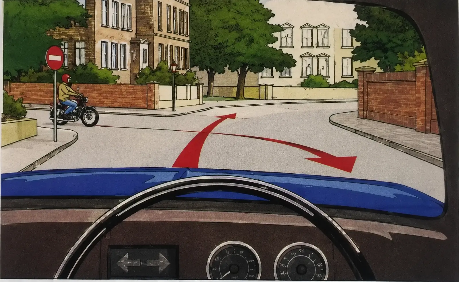 Driver's view at a junction with a stop sign, a motorcycle on the left